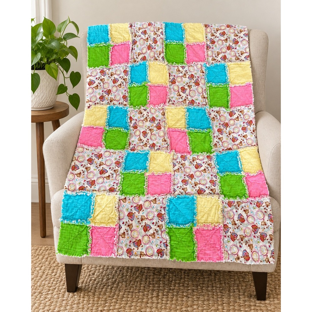 Handmade Baby Rag Quilt Flannel 50x42 Colorful Patchwork Hippy Monkey Nursery